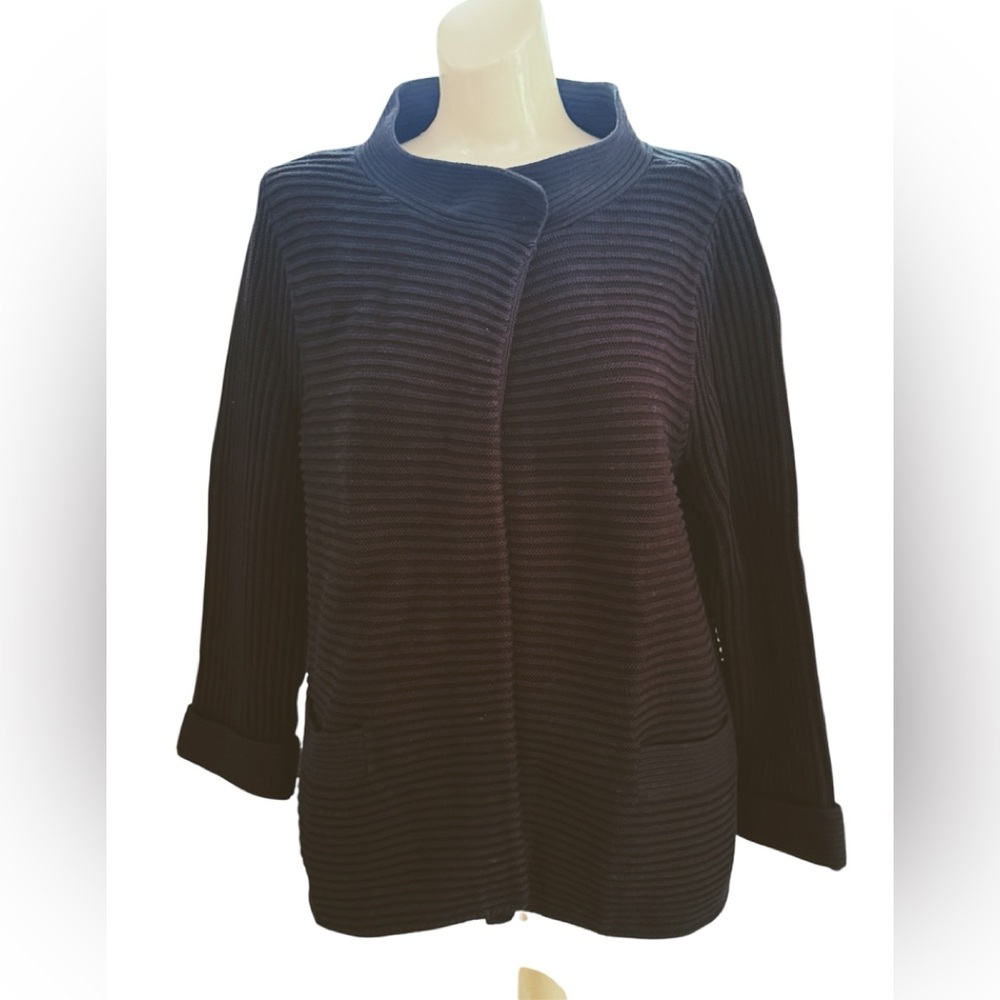 ANNE KLEIN Womens Black Ribbed Cardigan Mandarin Cowl Neck Long Sleeve Sz M
